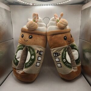 Pumpkin Spice Latte Plush Slippers Novelty PSL Coffee House Shoes Brown Tan 9-10